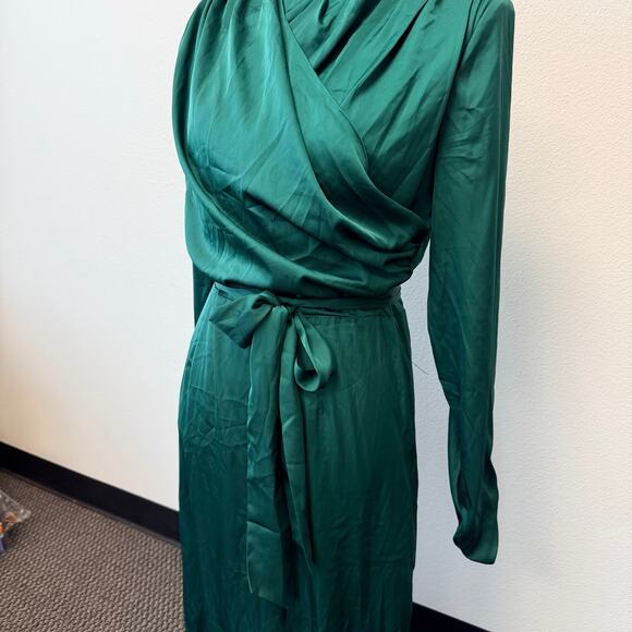 Alexa Admor Emerald Green Long Dress Rouched Sleeve High Neck Draped Satin Sz 8 - Picture 5 of 14